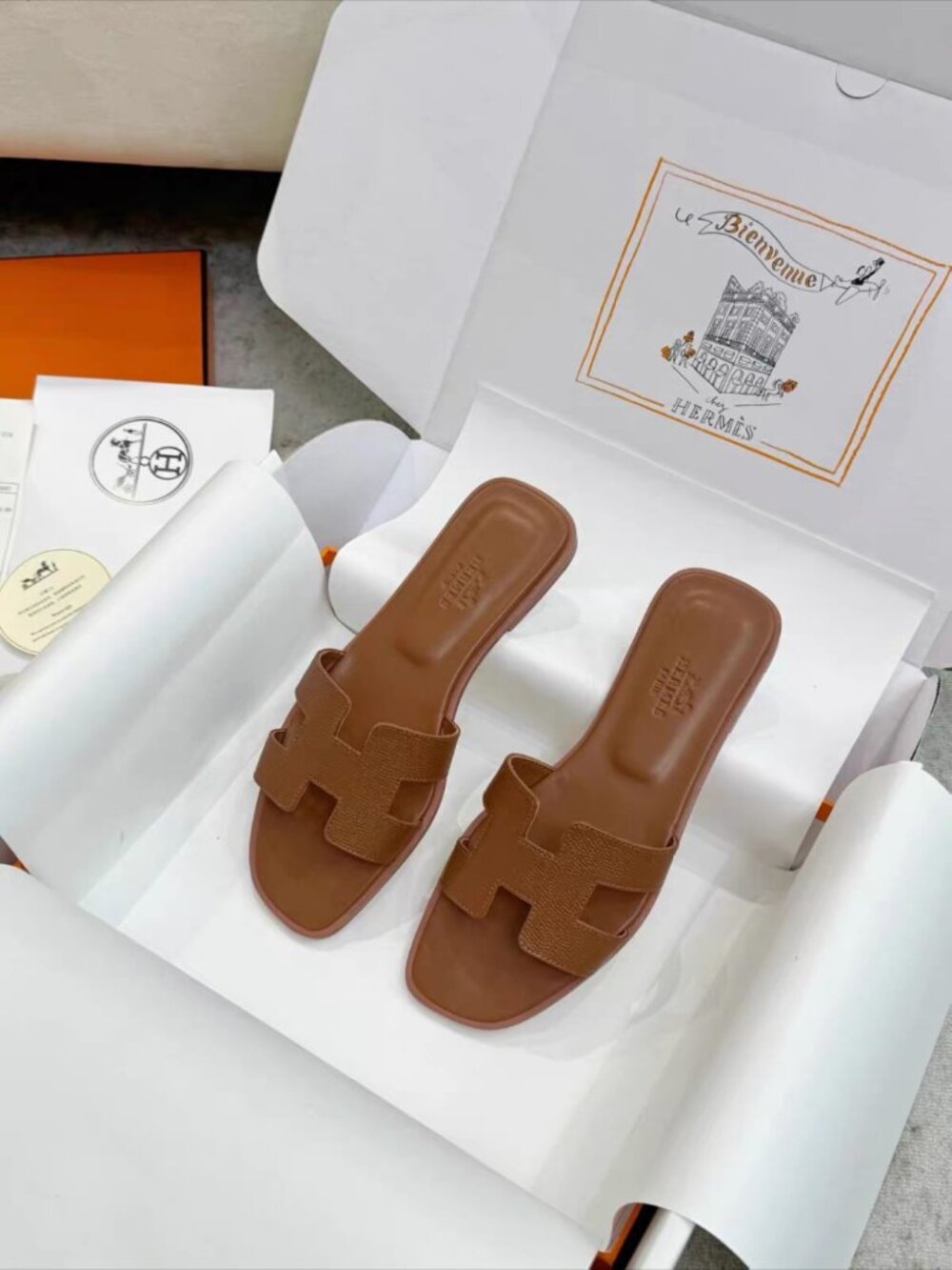Hermès Brown H Logo Flat Slides